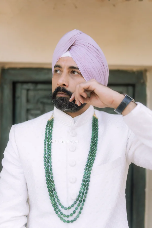 Regal groom portrait featuring an Indian groom wearing a traditional safa and embroidered sherwani.