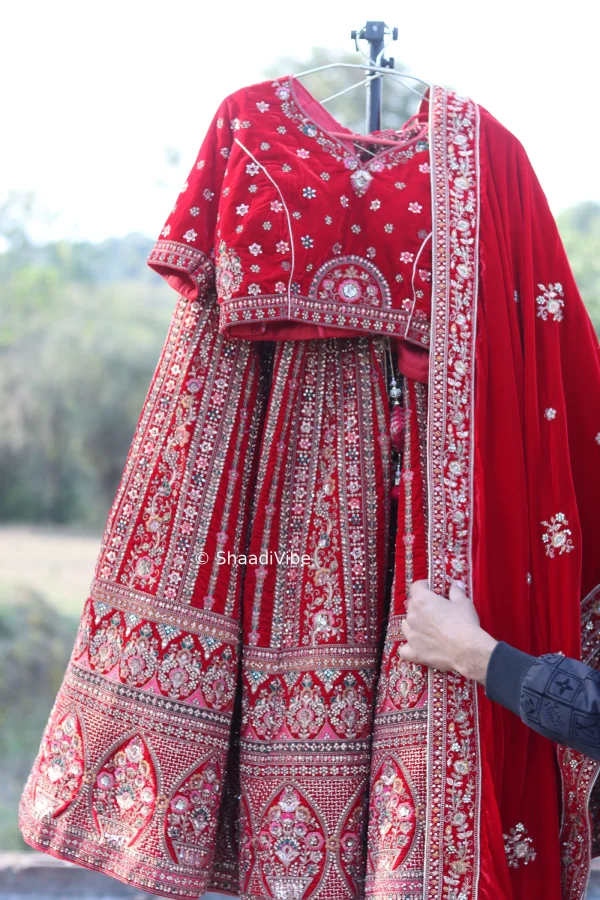 Bright red lehnga with panel style embroidery with velvet dupatta and skirt border.
