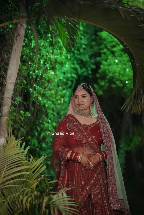 Traditional Indian bride posing with her hands together to create a graceful and culturally inspired wedding photograph with scenery in background.