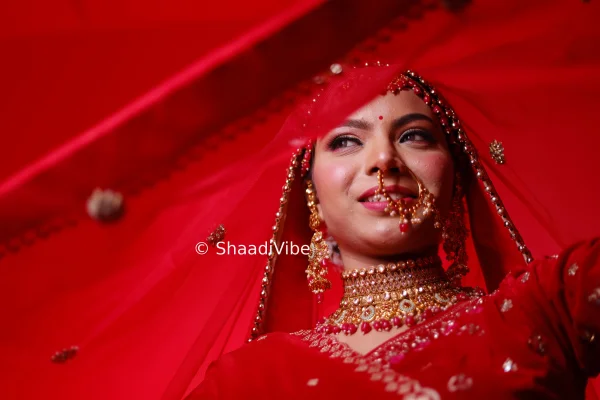 Elegant bridal pose featuring the bride looking over her shoulder while showcasing her lehenga and jewellery.