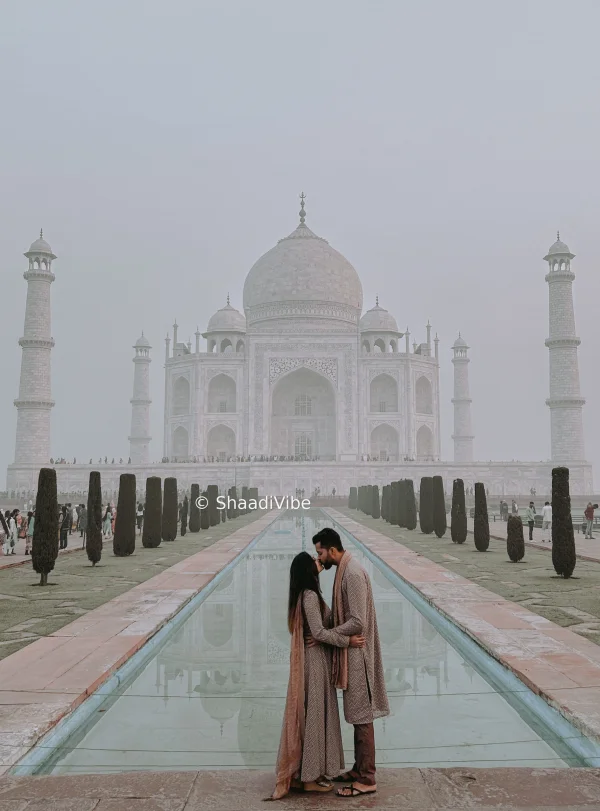 Romantic bride and groom pre-wedding portrait with soft natural light and an intimate pose for timeless wedding photography inspiration- Taj Mahal
