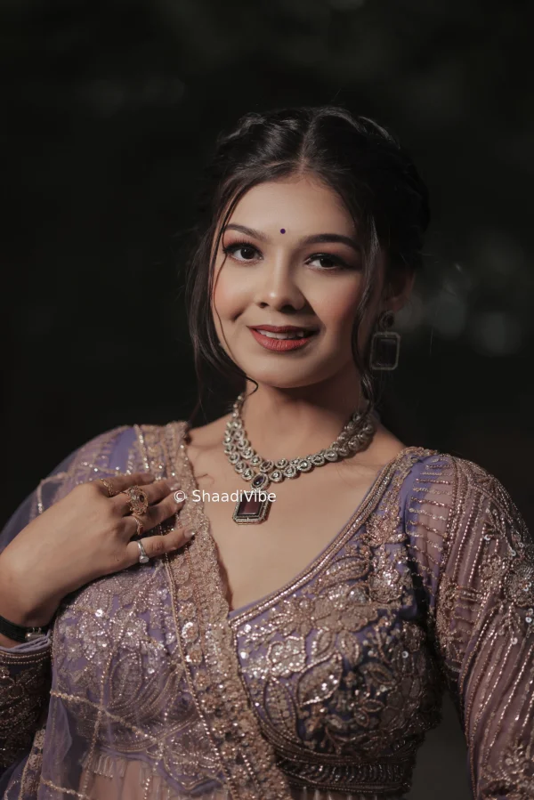 Indian bridal jewellery cordinated with lavender lehenga and simple hairstyle