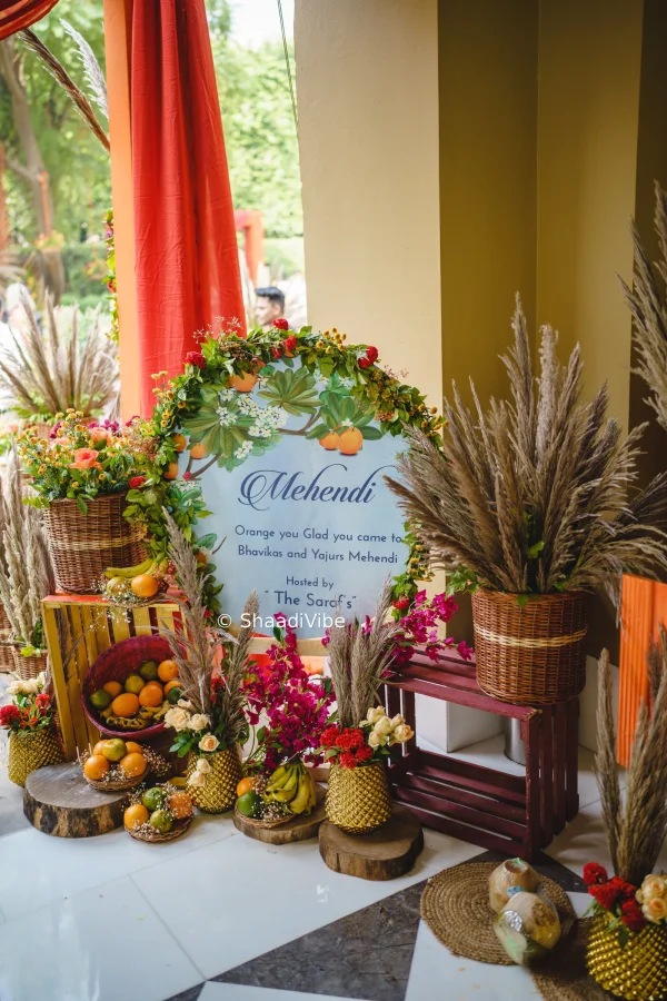 Mehandi Welcome Sign Board Idea - Real fruit and flower decoration